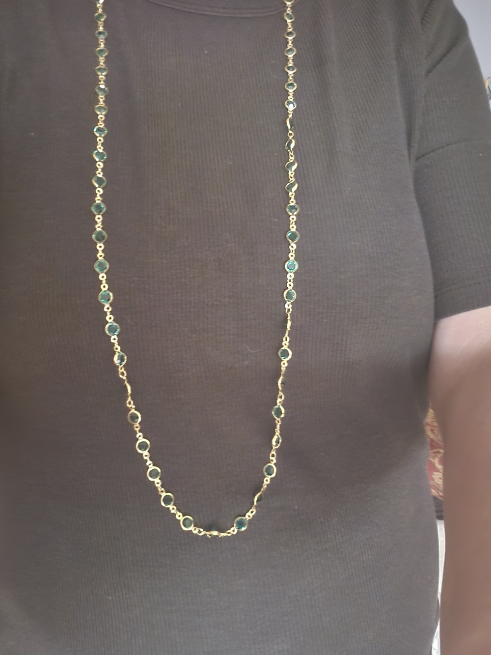 Long Gold Chain Necklace with Emerald Green Stone Accents